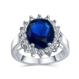 Classic 5CT Blue CZ Sapphire Cubic Zirconia Halo Engagement Ring Silver Plated