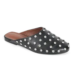 Women's Rhinestone Studded Backless Flat Mules - Black & White Slip-On Loafers with Shiny Crystal Embellishments - Comfortable Walking Shoes for Casual, Party - Spring & Summer Fashion