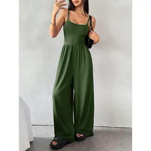 Women's Solid Color Cami Jumpsuit, Casual MinimalistComfy Sleeveless Wide Leg Jumpsuit for SummerWomen's Jumpsuit for Daily Wear, Overalls,Womenswear, Casual Basic Jumpsuit, Loose CasualJumpsuit Black Fitted Spaghetti Strap