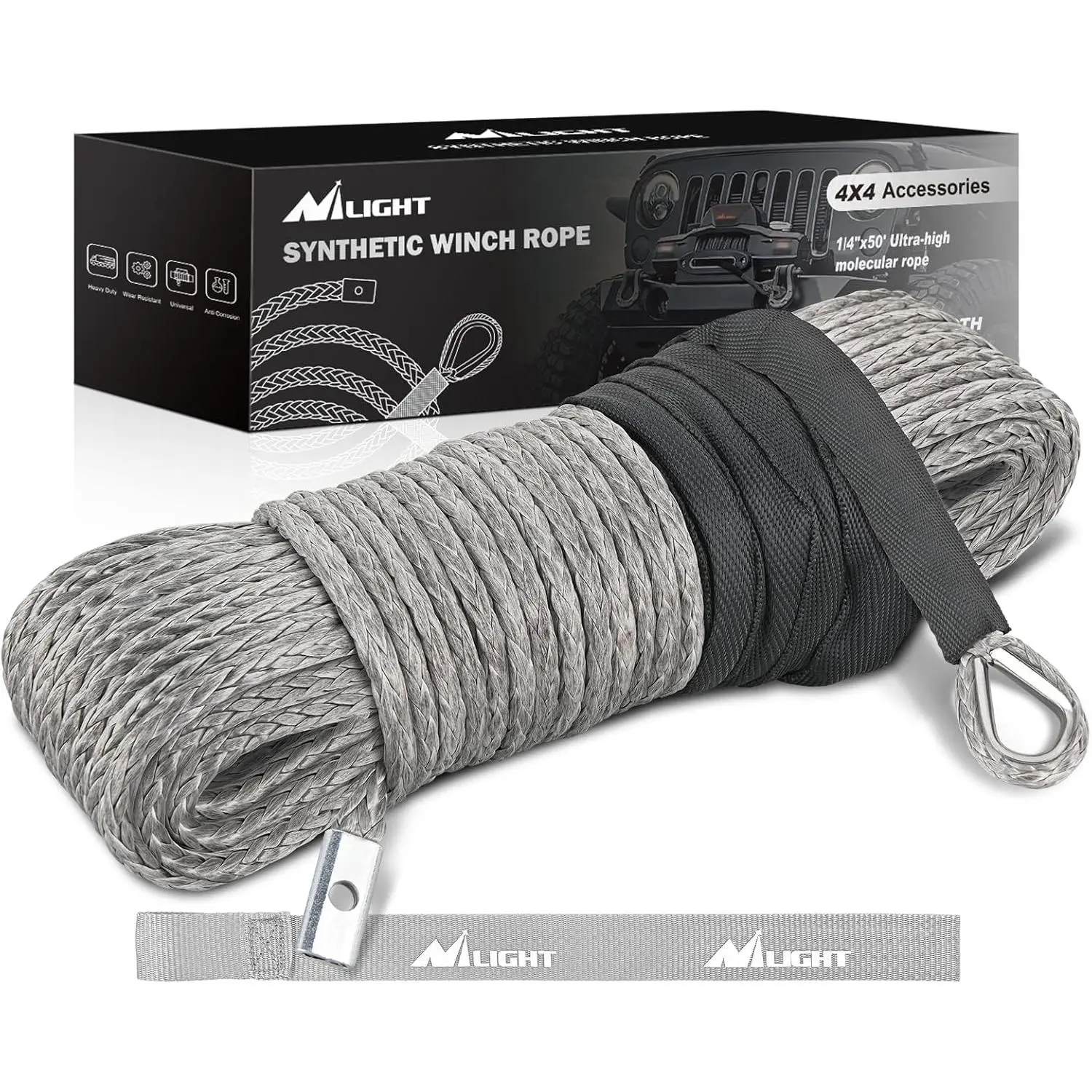 Nilight Heavy Duty Synthetic Winch Rope Kit - 1/4 in x 50 ft 9000 LBS Durable Nylon UHMWPE Rope with Black Protective Sleeve, Metal Eye, Pull Strap, Rust-Resist Coat, Chemical Resistant, Easy Installation for ATV/UTV, Cars (Grey)