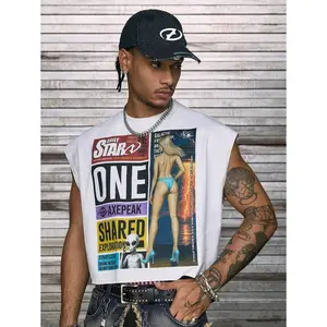 (Gold promotion)AXEPEAK Crew Neck Figure & Slogan Print Men's Tank Top