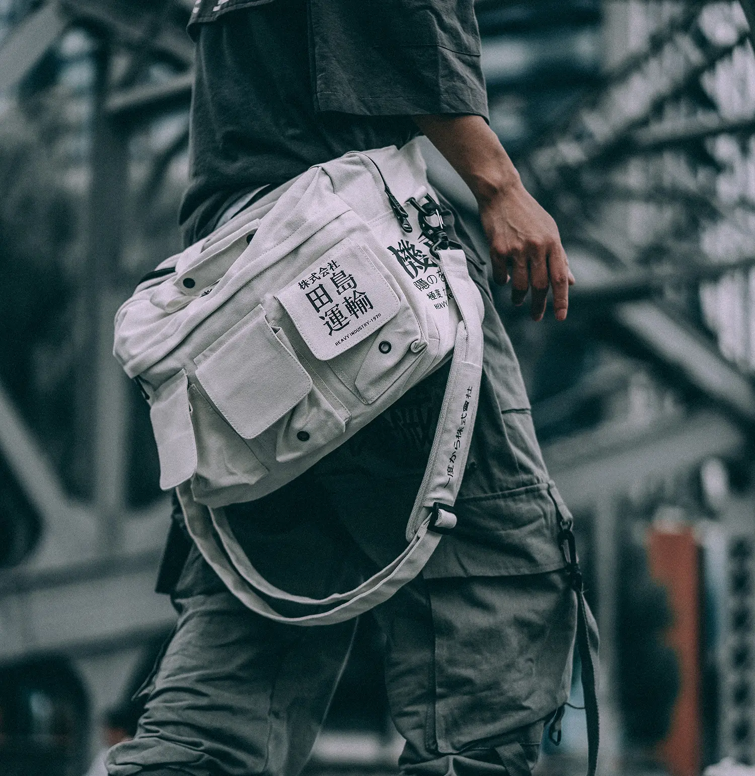 Niepce Streetwear Fashion Canvas Japanese Kanji Crossbody Bag with Shoulder and Belt Straps Niepce Streetwear Fashion Canvas Japanese Kanji Crossbody Bag with Shoulder and Belt Straps