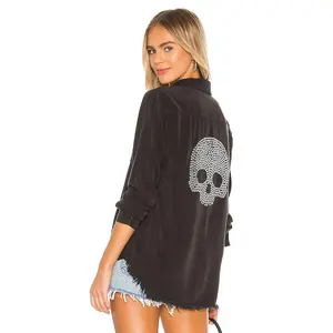 Lauren Moshi Sloane Nailhead Skull Button Up Denim Shirt in Onyx