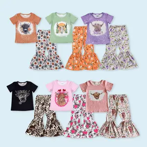 Highland cow black top matching bell bottoms baby girls summer boutique outfit