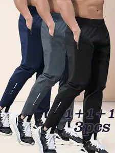Men’s 3-Pack Breathable Ice Silk Long Pants — Drawstring Elastic Straight-Leg Sports Pants with Zipper Pockets, Casual Pants for Fitness, Running, and Cycling
