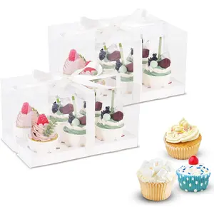 3 count Clear Cupcake Boxes,6 Count Cupcake Containers with  Ribbon,Plastic Cupcake Carrier Holder for Dessert Cookies Muffins Pastry (White/clear, 6 Count/3ps)