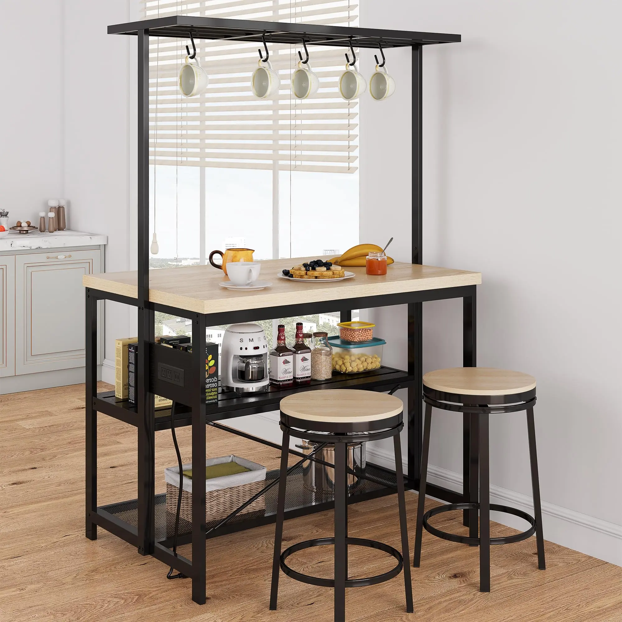【GARVEE】42 inch Kitchen Island Bakers Rack 5 Hooks 3 Tier Microwave Stand Oven Shelf with Storage,Large Coffee Bar Table, Storage Shelf for Kitchen Dining Room Living Room