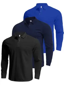 S-XXXL 3 Pack Men's Long Sleeve Polo Shirt,Sports Casual Button Collared Top,Winter Fashion Golf Pullover Tee Shirts