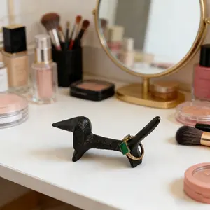 Cute Iron Dog Ring Holder, Makeup Desk Bookshelf Decorative Table Ornament, Adorable Small Desktop Accessory