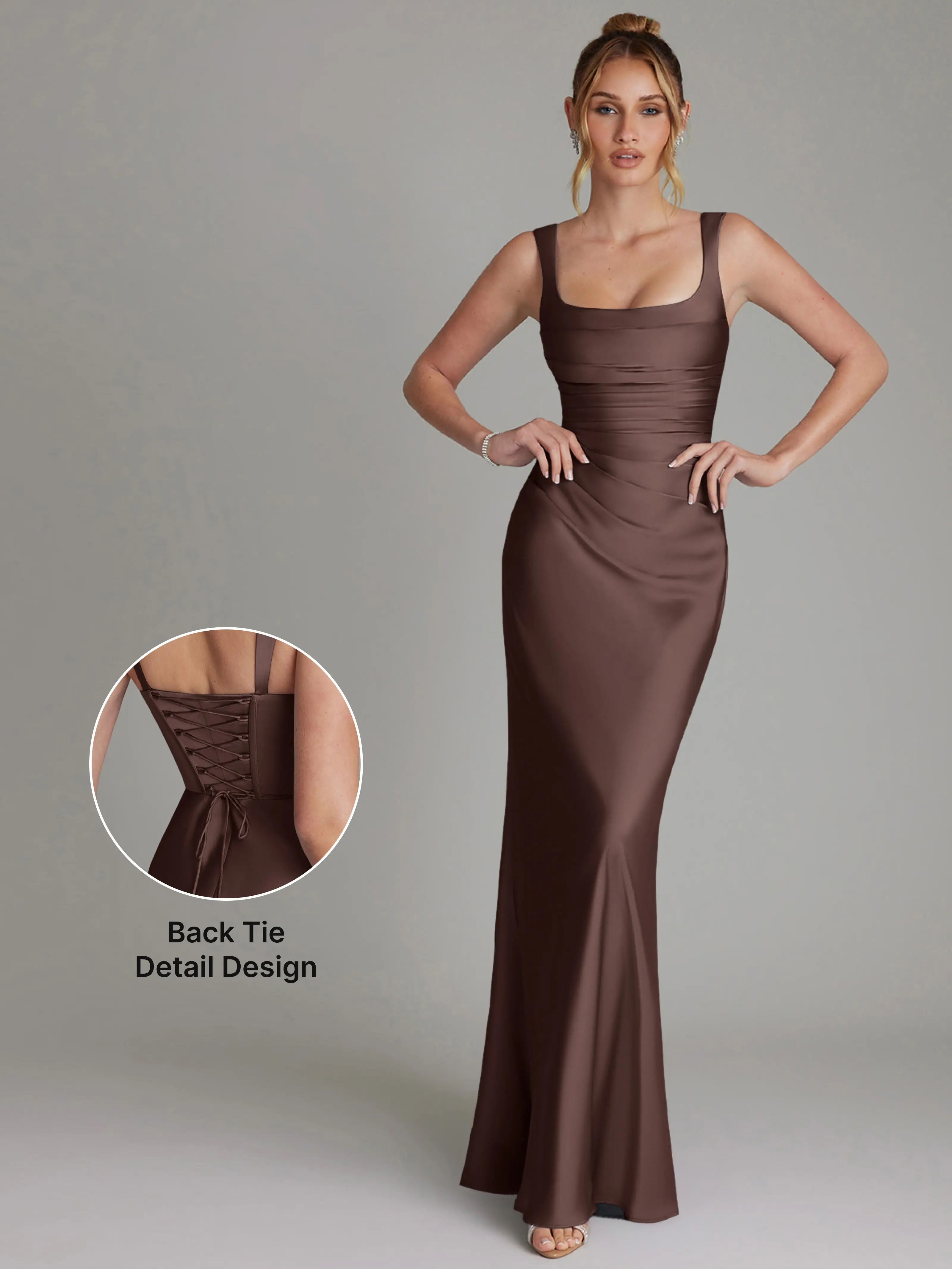Azazie Agustina Square Neck Pleated Lace-Up Corset Mermaid Bridesmaid Wedding Formal Evening Stretch Satin Dress sohochic