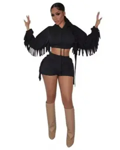 FRINGE HOODIE AND SHORTS SET 2 piece women Sports Comfortable Women's