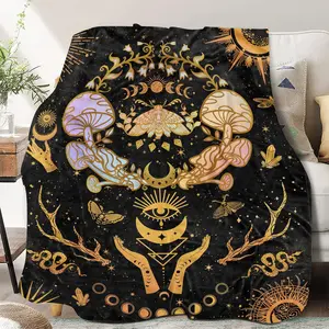 Enchanted Mushroom Premium Weight Blanket, Witchy Moon & Zodiac Fleece Throw, Gothic Hippie Decor for Women, Mystical Sun & Moon Gifts for Halloween, 280gsm
