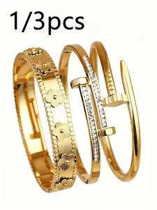 3pcs Stainless Steel Four-Leaf Clover Open Cuff Bangle Bracelets, Party Wear, European Style, Cubic Zirconia Inlay, Wedding Jewelry Set, Gift for Women