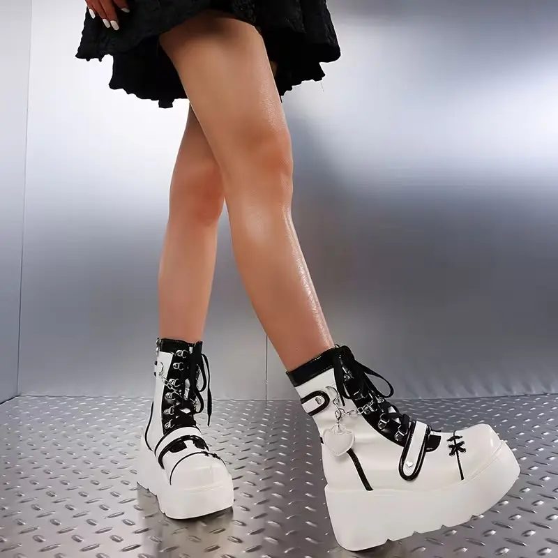 Women's Y2K Women Combat Boots Gothic Chunky Wedges Heel Lace Up