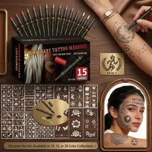 Temporary Tattoo Markers for Skin, Skin Safe, 10/15-Count Body Markers 10/15-Color Tattoo Pens, Flexible Brush Tip, Soft Brush Tip, Bright Colors, Cosmetic Quality Face Paint Kit, Perfect Christmas Gifts