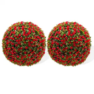 Set of 2 Artificial Rose Topiary Balls, Fake Decorative Floral Spheres for Indoor & Outdoor Home, Wedding & Party Decor