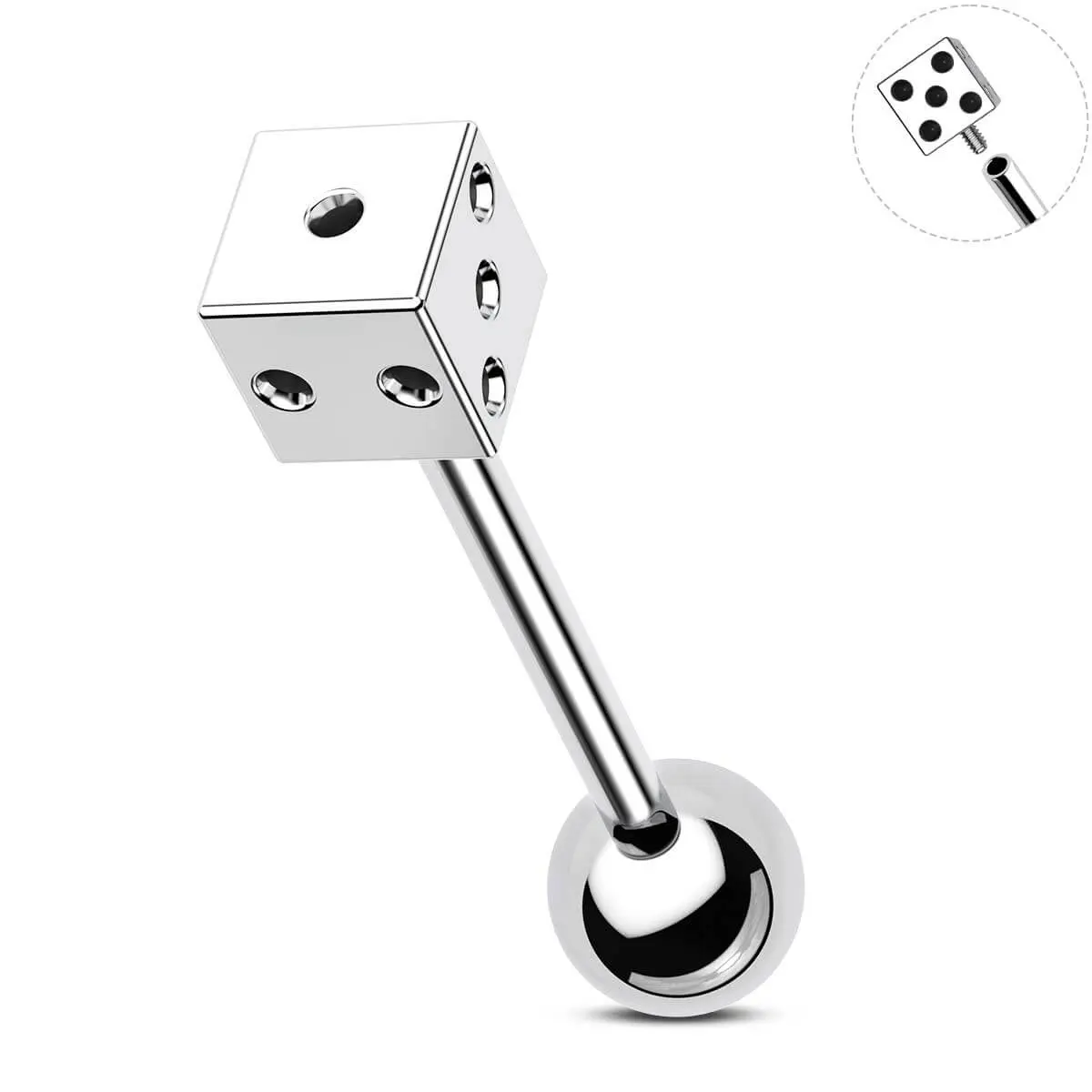 OUFER 14G Dice Shape Tongue Barbell, Punk Geometric Internally Threaded Screw Body Jewelry for Snug Fit, Fashion Costume Accessory for Board Games Enthusiasts