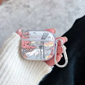 Cherry Blossom Fuji Pattern Protective Case for AirPods 4/3/2/1/Pro/Pro2 Soft TPU Earphone Cover, Transparent with Keychain