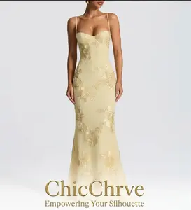 ChicChrve High-end Floral Embellished Evening Gown French Style Backless Slip Dress Elegant Slim Fit Solid Color Maxi Dress for Banquets - Lace, Casual