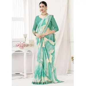 Casual Wear Teal Green Printed Pure Chiffon Saree