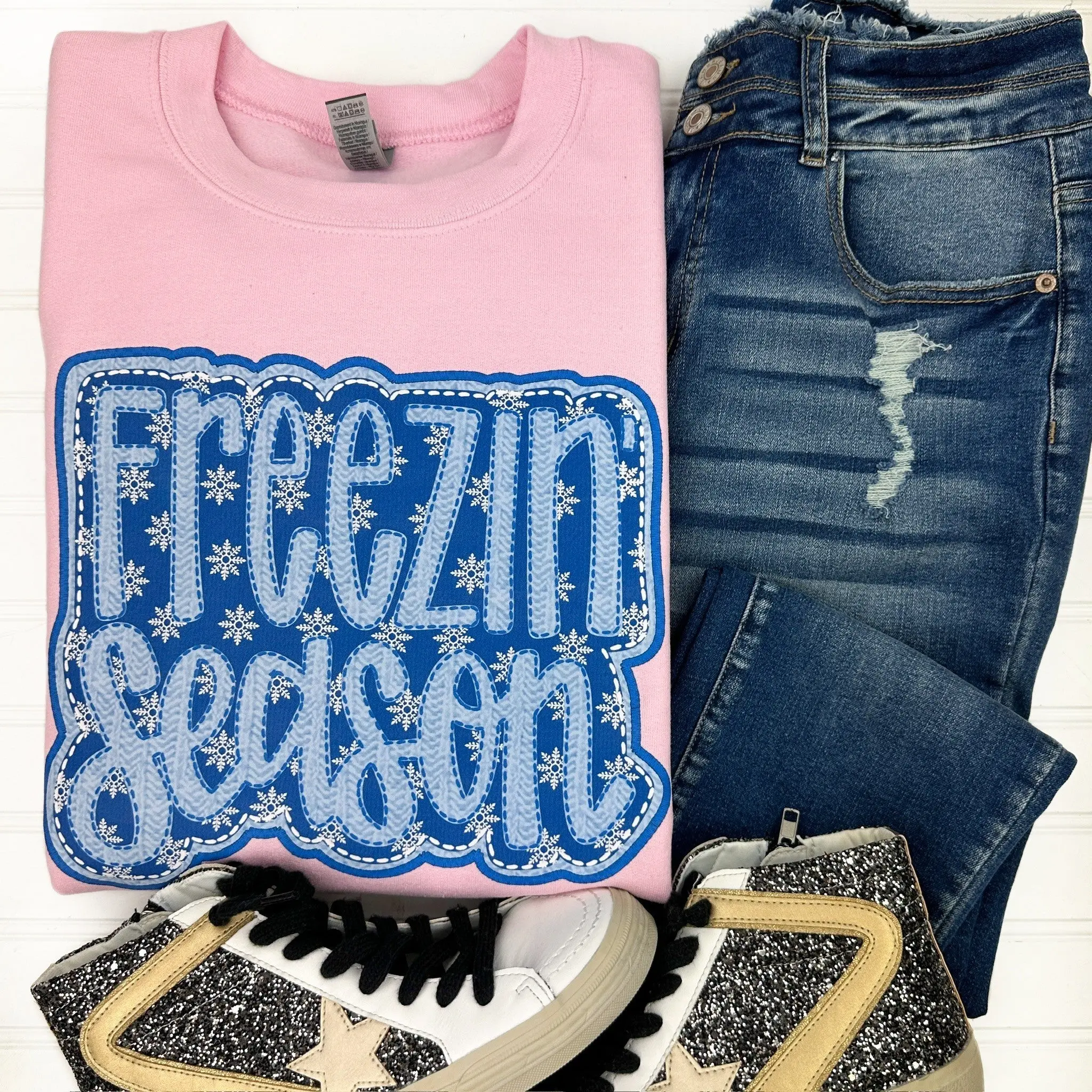 Freezin' Season FAUX Embroidery Gildan Sweatshirt 'NLB'
