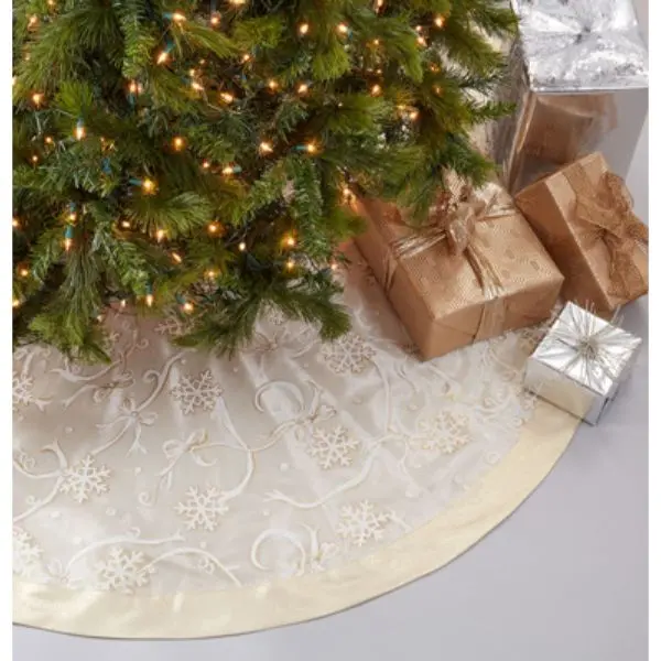 62 in. Round Printed Fabric Snowflake & Ribbon Christmas Tree Skirt, Gold Festive Home Decor for Holiday Parties