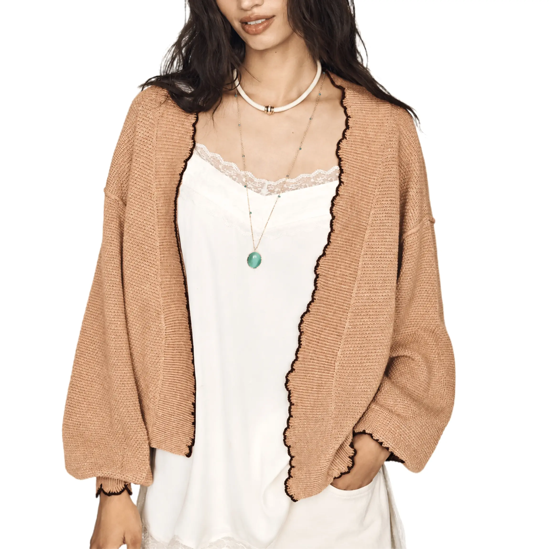 Buenoble Women’s Knit Scalloped Cardigan Contrast Trim Open Front Sweater, Oversized Balloon Sleeve Casual Layering Top