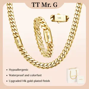 14K Gold Plated Cuban Chain Necklace and Bracelet Set Premium Anti Tarnish Electroplated Finish Miami Hip Hop Style Statement Jewelry Matching Couple Set 6mm to 14mm Width Options Perfect Valentine’s Gift for Him and Her