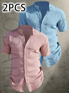 2pcs Men's Summer Short Sleeve Shirt - Lightweight Breathable Solid Color Plain Button-Up Casual Shirt with Stand Collar, Low-cut collar designr Beach Vacation, Pool Party & Casual Attire, Beach Shirt, gift for husband