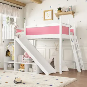 Twin Loft Bed with Storage Shelves and Wardrobe, Solid Wood Loft Beds with Detachable Slide and Ladders, No Spring Box Needed,  (Patent Protection)