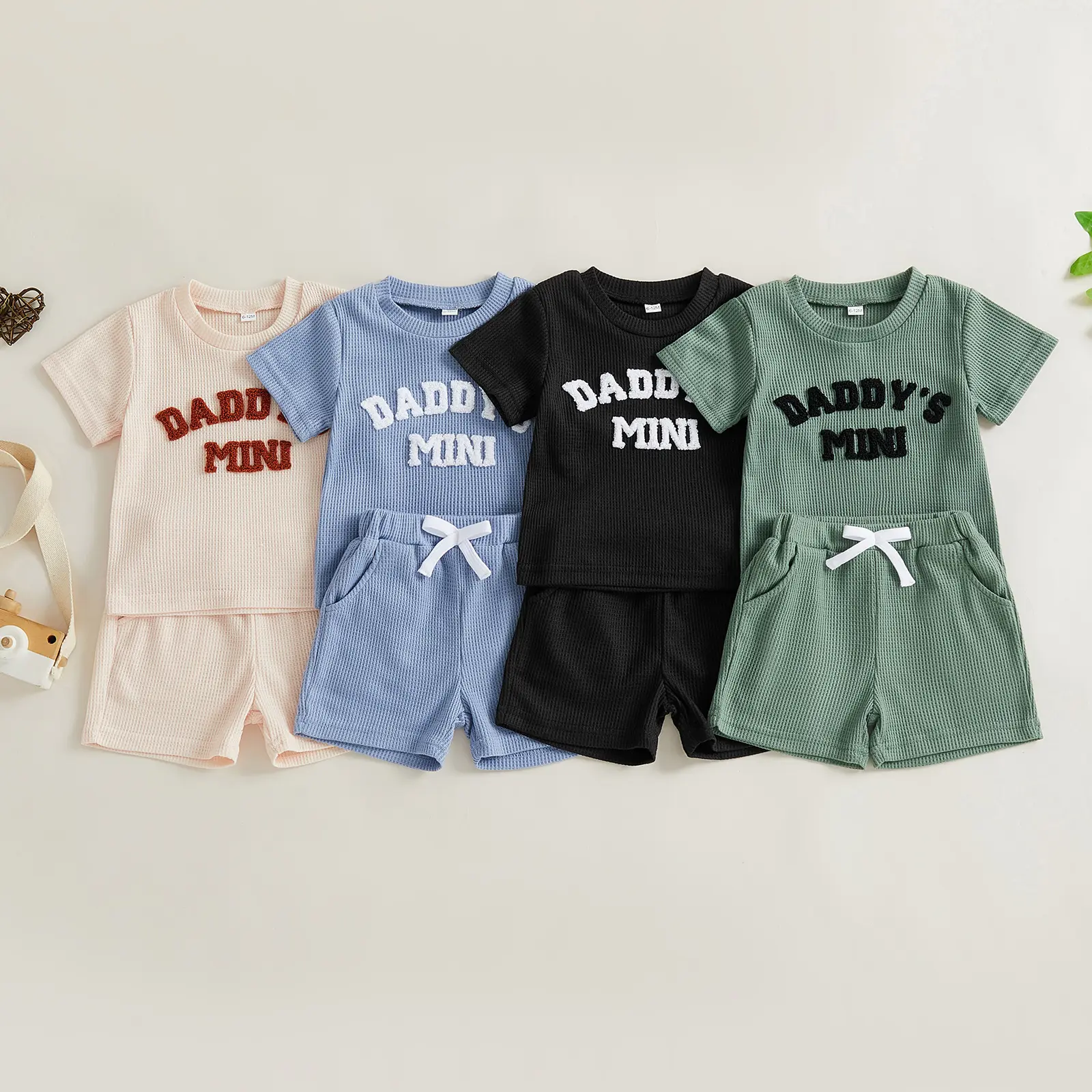 Babamoon Toddler Baby Boys Summer 2 Piece Outfits Short Sleeve Letter Daddy's Mini Embroidery Waffle Tops and Shorts Clothes Set