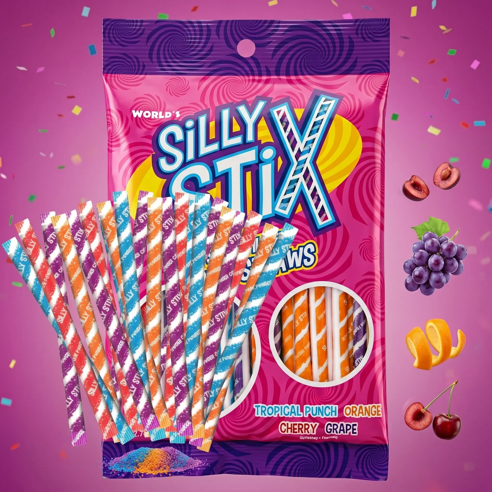 Silly Stix Candy Straws – 2.75 oz Bag of Pixie Stick Style Sour Candy – 4 Fruity Flavors – Nostalgic Powder-Filled Straws – Sweet & Sour Classic Candy Treat
