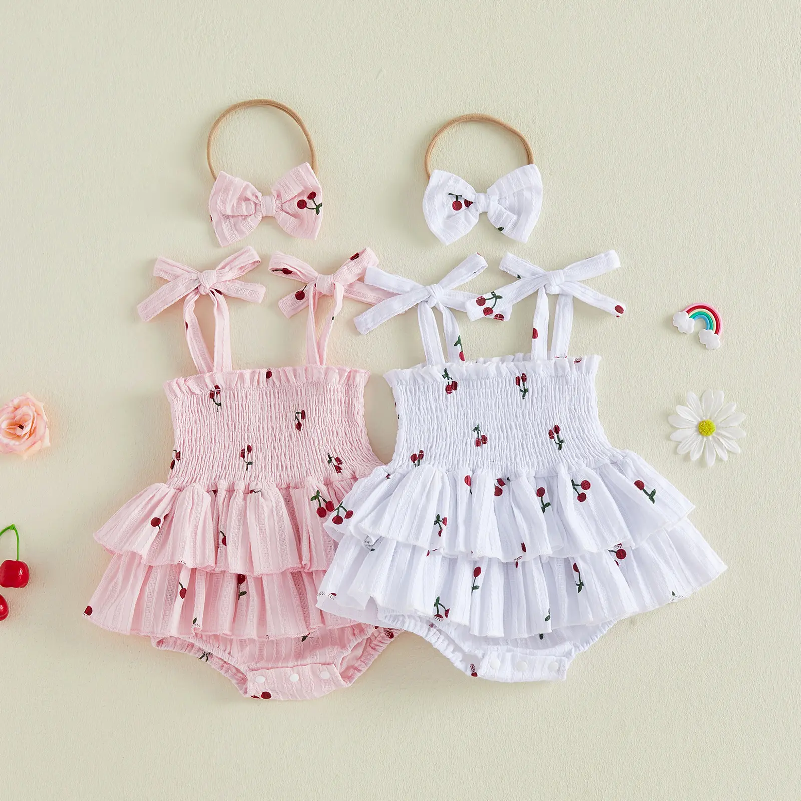 Infant Baby Girl Summer Outfit Cherry Print Sleeveless Tie-up Smocked Romper Dress Bow Headband Set 0-18 Months