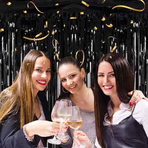 2 Pack 3.2ft x 8.2ft Black Tinsel Foil Fringe Curtains, Metallic Foil Tinsel Photo Booth Backdrop Streamer for New Years Decorations Halloween Bachelorette...