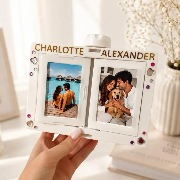 Personalized Rotating Photo Frame for 2x3 Inch Instax Mini Photos – Custom Name DIY Rhinestone Picture Album, Pink White Black