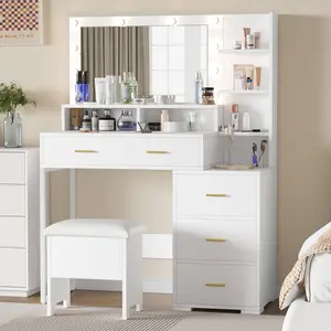 White Vanity Desk with Mirror, 9 LED Light Bulbs, 5 Drawers, 3-Tier Shelves, Bedroom Home Furniture, Five Drawers