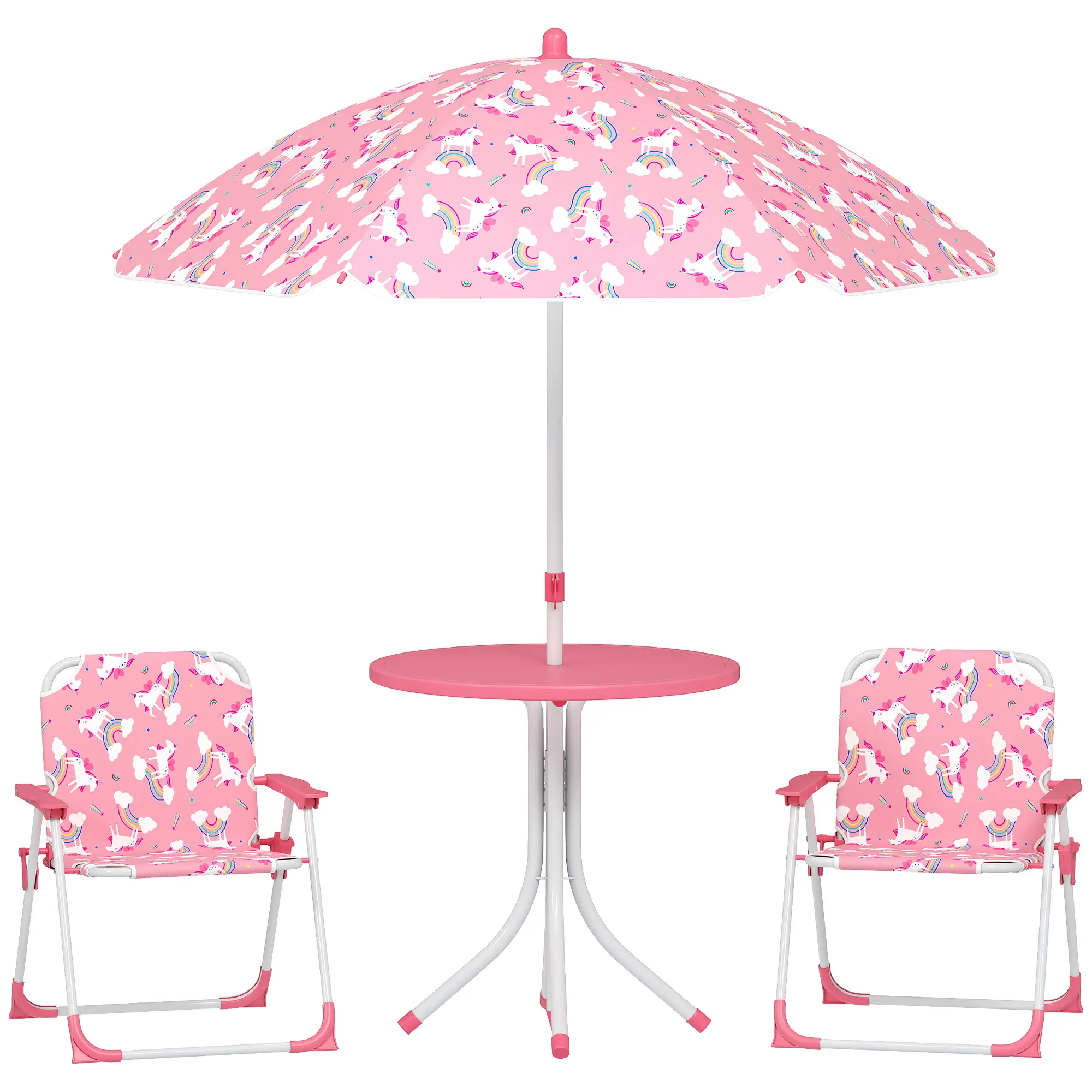 Picnic Table & Chairs Set – Pink. For Ages 2-5. 2 Foldable Chairs + Table + Removable Umbrella (33.9"-48", Unicorn & Rainbow). Anti-Tip Feet. 77 lbs Chair Cap