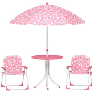 2 Folding Chairs Kids Picnic Table Round Top Unicorn Rainbow Pattern Umbrella Backyard Play Date for Ages 2 to 5