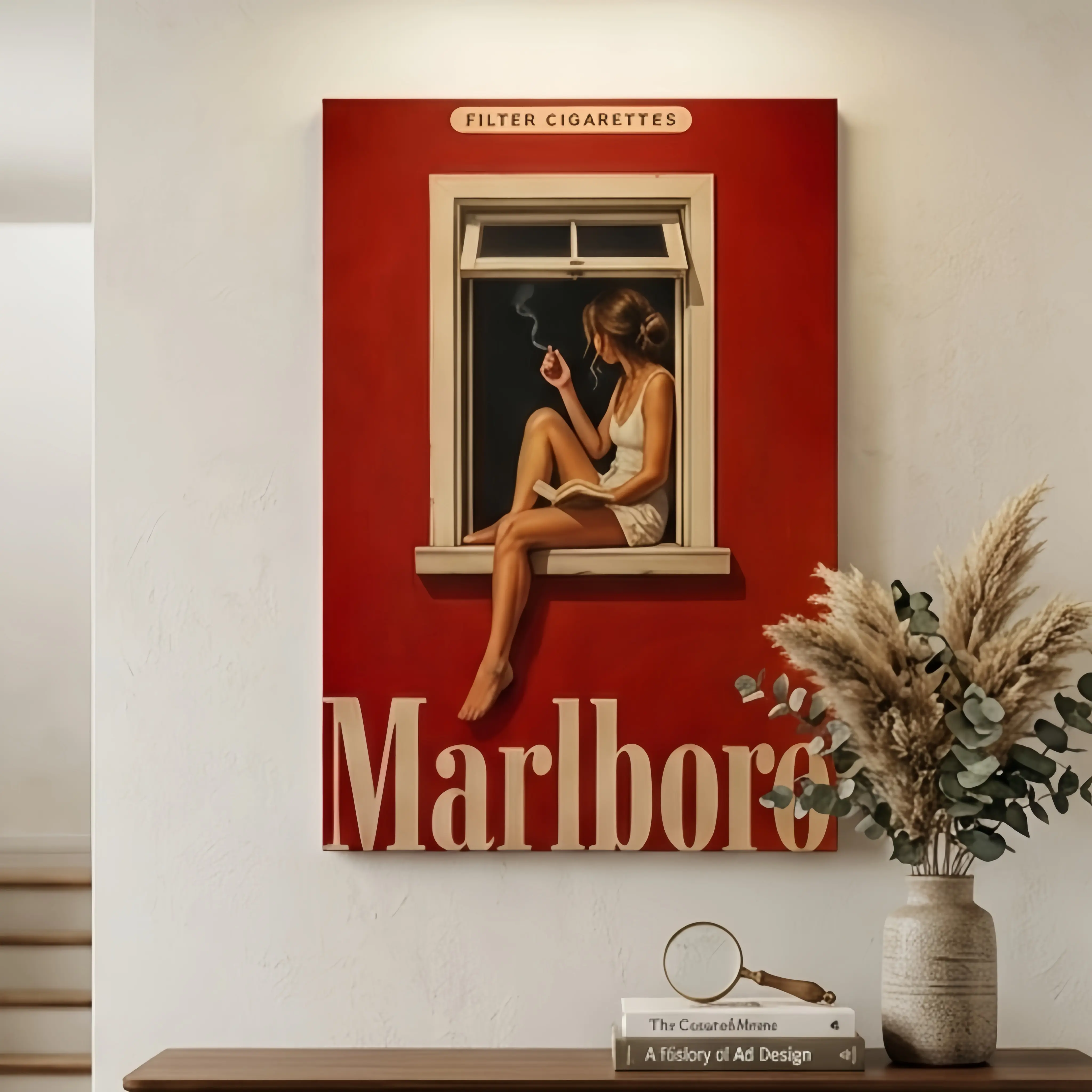 Vintage Marlboro-Style Red Cigarette Retro Ad Print Poster with Girl - Minimalist Mid-Century Modern Men's Room Decor, Window Ornament, Farmhouse Wall Gift for Mancave