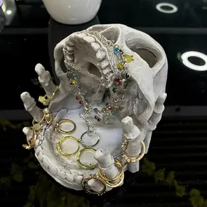 Skull Jewelry Storage Box - Gothic Halloween Decor with Multiple Compartments, Necklace Hooks and Liner - Resin Desktop Storage Box for Rings, Earrings, Necklaces - Artistic Home Decor Accessory bedroom decor
