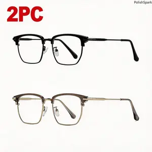 2-Pack Classic Square Browline Blue Light Glasses | Vintage Half Frame Anti-Glare Computer Eyewear