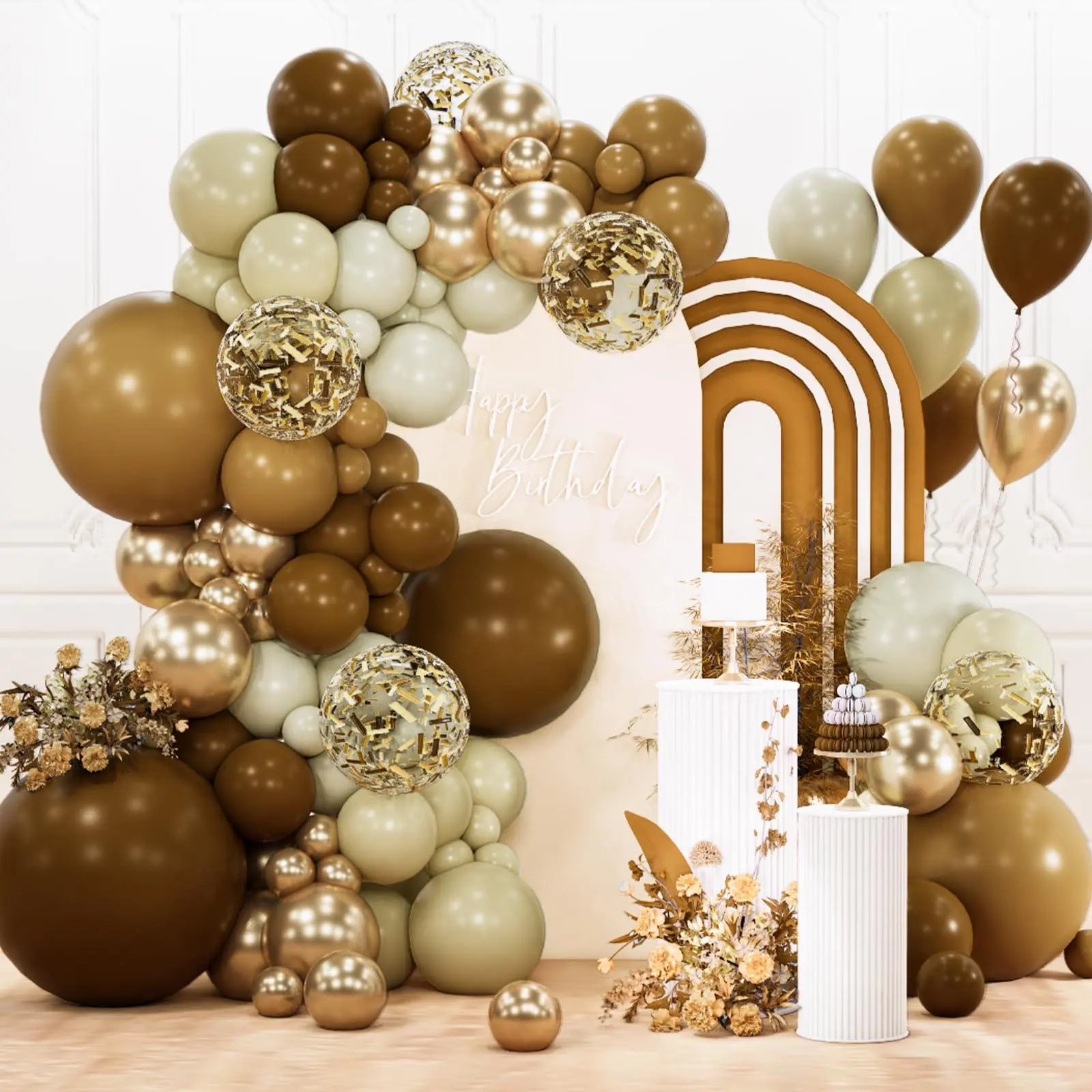 PartyWoo 142pcs Brown Boho Balloon Arch Kit, 18/12/10/5in Dark Sand Beige Neutral Fall Gold Confetti Set with Hand Pump, Blow Up Decor for Happy Birthday, Baby Shower Parties