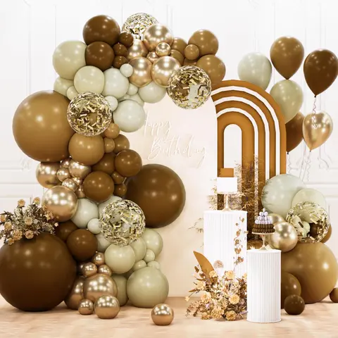 PartyWoo 142pcs Round Bohemian Brown Balloons Arch Kit - 18/12/10/5in Dark Sand Beige Neutral Fall Metallic Gold Confetti Set with Hand Pump, Decoration for Birthday, Anniversary Parties