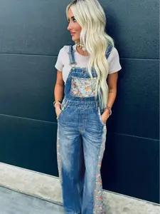 Women Denim Floral Print Bib Overalls Wide Leg Baggy Jumpsuit Adjustable Straps Casual Summer Pants