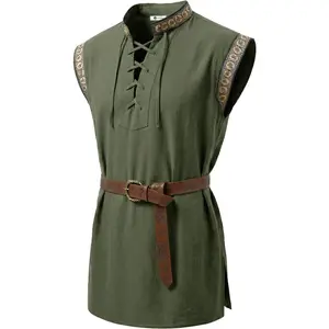 Runcati Mens Renaissance Pirate Shirt Medieval Sleeveless Tunic Lace Up Knight Viking Halloween LARP Shirts
