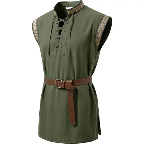 Runcati Men's Cotton Renaissance Tunic - Lace-Up V-Neck, Loose Embroidered Sleeveless Menswear Costume Top for LARP Items, Pirate Knight Cosplay, Halloween (Includes Costume Ideas)