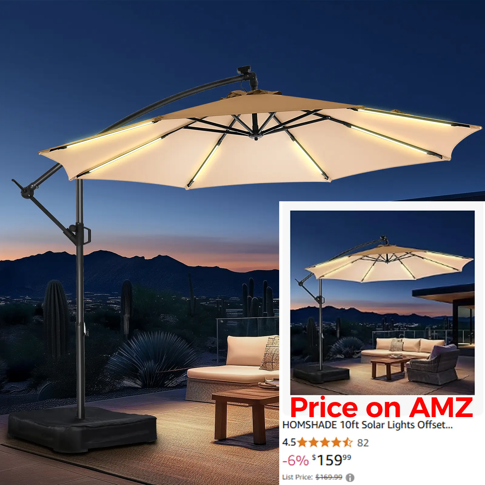 With Base] 10ft Offset Outdoor Patio Umbrella with Base & Solar Light, Easy  Tilt & Crank, Adjustable UPF 50+ UV Protection for Garden, Backyard &  Poolside - TikTok Shop