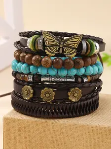 6 Piece Boho Style PU Leather Layered Bracelet Set, Vintage Handmade Multi-Layer Design, Butterfly & Flower Patterns, Unisex Jewelry for All Seasons