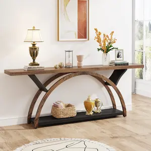 Tribesigns 70.87' Console Table, Rustic Narrow Long Sofa Table Behind Couch Table with Storage Shelf and Half Moon Frame, 2-Tier Entryway Table for Hallway Living Room (Brown & Black)