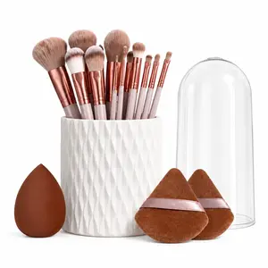 17Pcs Makeup Brush Set with 360° Rotating Holder, 13 Soft Cosmetic Brushes, Makeup Sponge and 2 Powder Puffs for Foundation, Eyeshadow, Blush and Daily Makeup